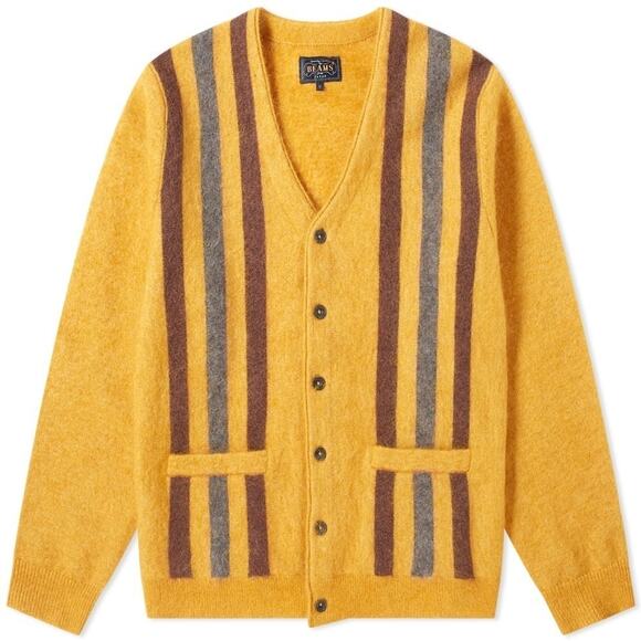 Beams Plus Sweater Size Large Cardigan Yellow Contrast Stripe Mohair Nylon Japan - Picture 1 of 13